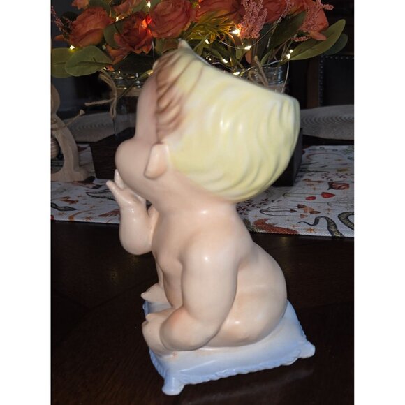 Vintage Velco Ceramic Baby Planter Figurine With Blonde Hair & Pillow Base - Picture 3 of 7
